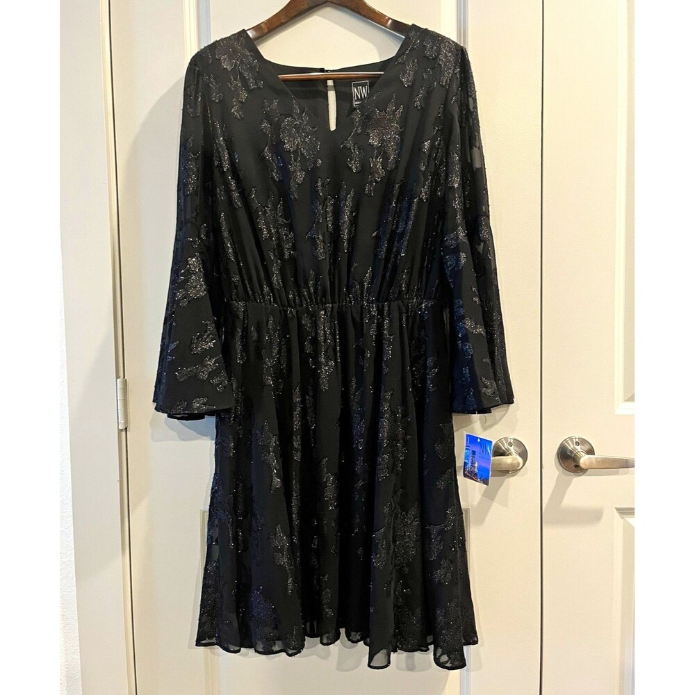 Nightway Black Floral Glitter Chiffon V-Neck Bell Sleeve A-Line Dress 16W 0097